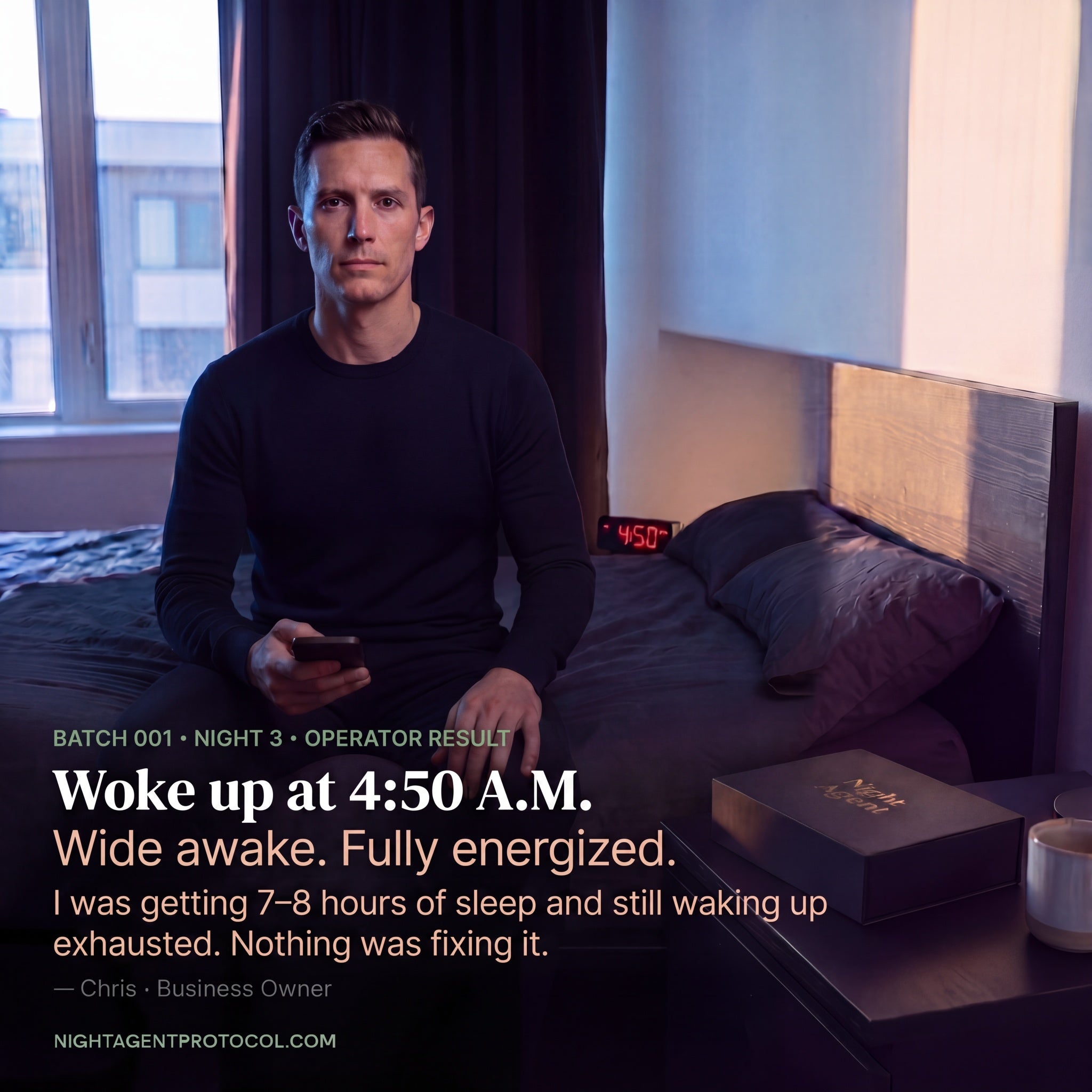 Chris, Business Owner — woke up at 4:50am fully energized after Night Agent Protocol